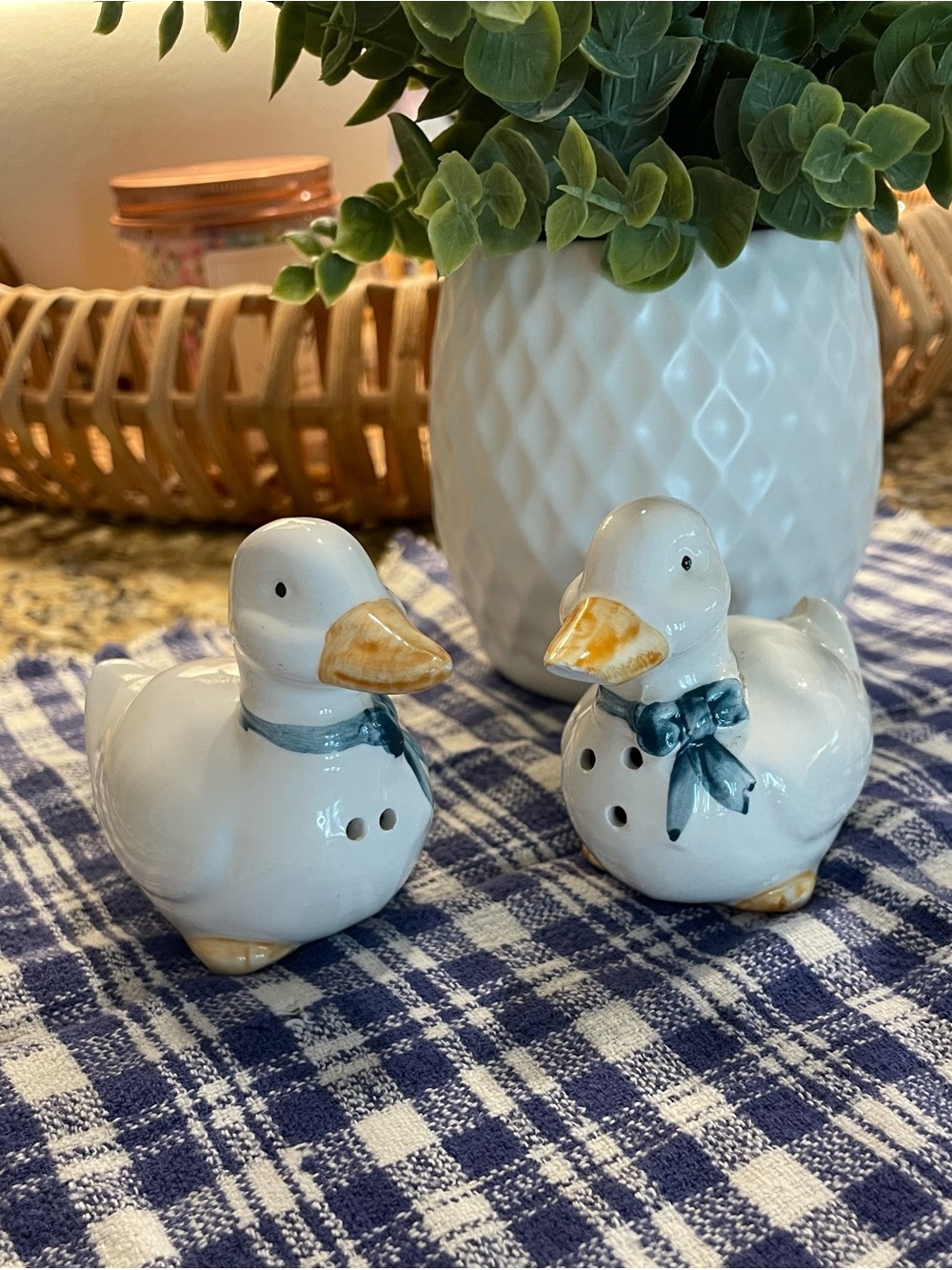 Vintage Ceramic Duck Salt and Pepper Shakers - White with Blue Bows